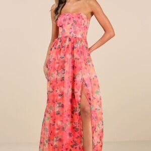 Lulus Wonderful Waltz Coral Floral Print Strapless Bustier Maxi Dress Pink